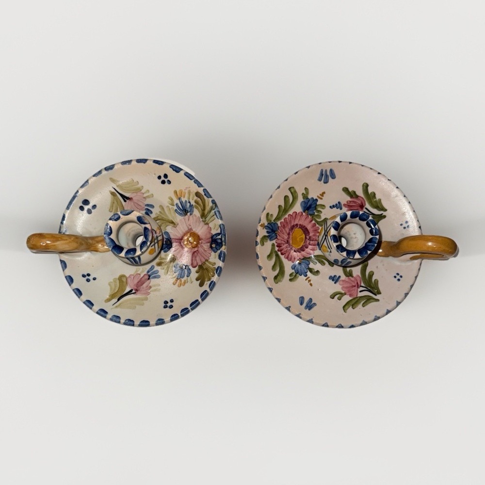 Talavera Espana Hand Painted Floral Ceramic Chamberstick Candle Holders Pair